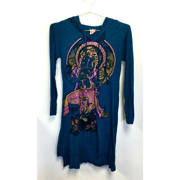 Vintage Gypsy Rose Womens Teal Blue Ganesh Print Long‎ Sleeve Hoodie Dress Small - Picture 2 of 12